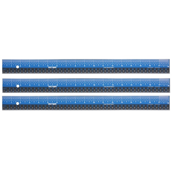 Victor Technology Easy Read Ruler, Stainless Steel, Blue/Black, 18'', 3PK EZ18SBL - main